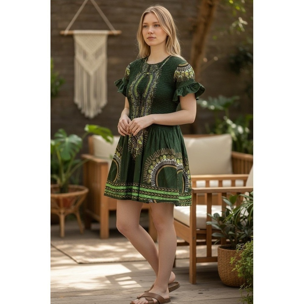 Lagogee Dress Tunic Women XL Green Dashiki Print Smocked Waist Mini boho dashiki